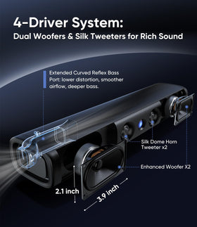 WebsLand soundbar angled side detail showing controls and clean design benefit