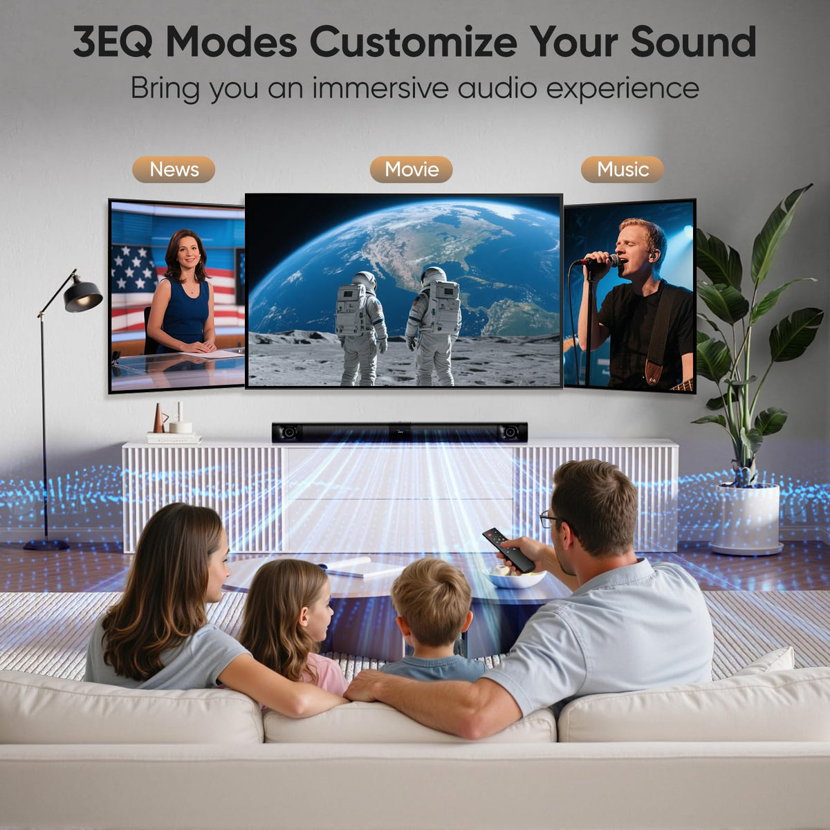 WebsLand Sound Bar DSP modes tailor Movie, Music, and News listening.