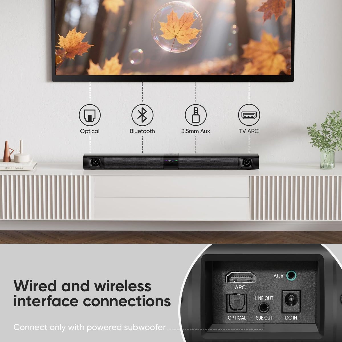 WebsLand Sound Bar optical-arc connection ensures smooth TV compatibility.