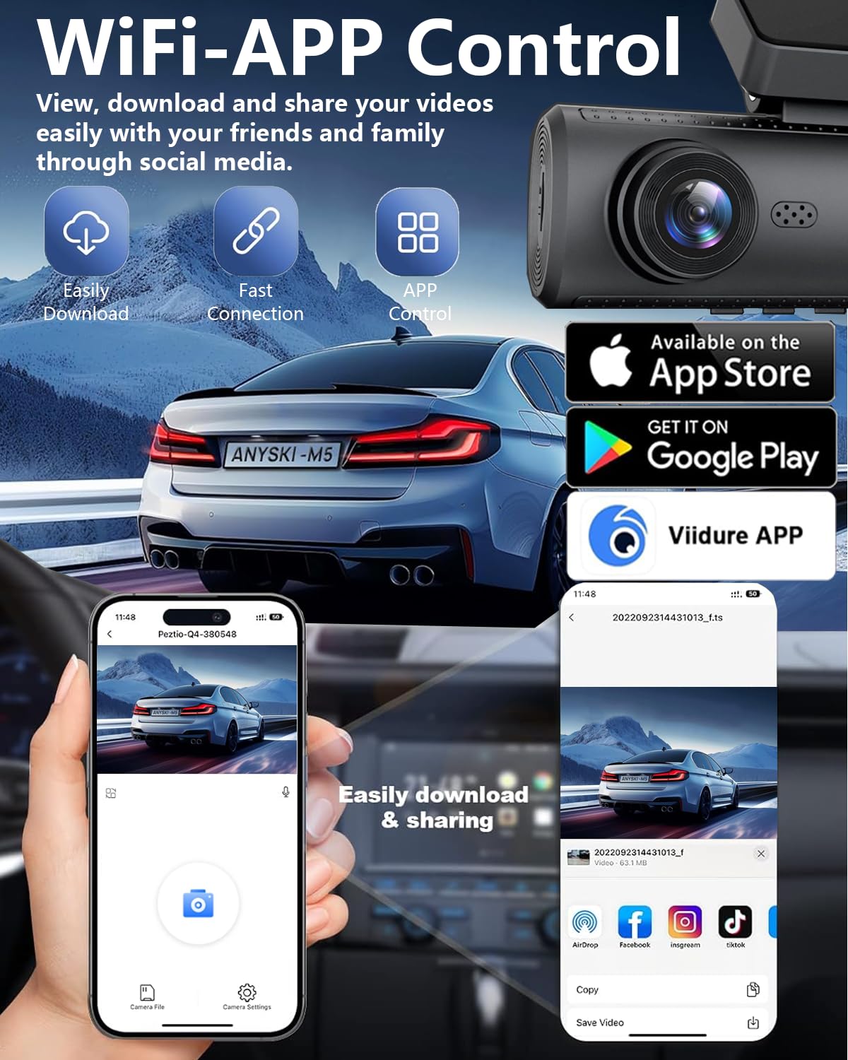WECAMTX rose gold 5G WiFi dash cam connects to your phone for quick transfers