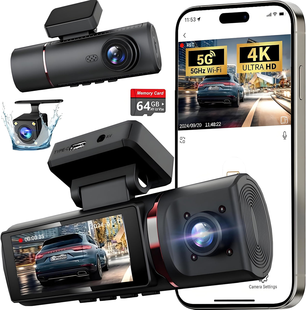 WECAMTX rose gold front 4K dash cam captures clear license plates on the road