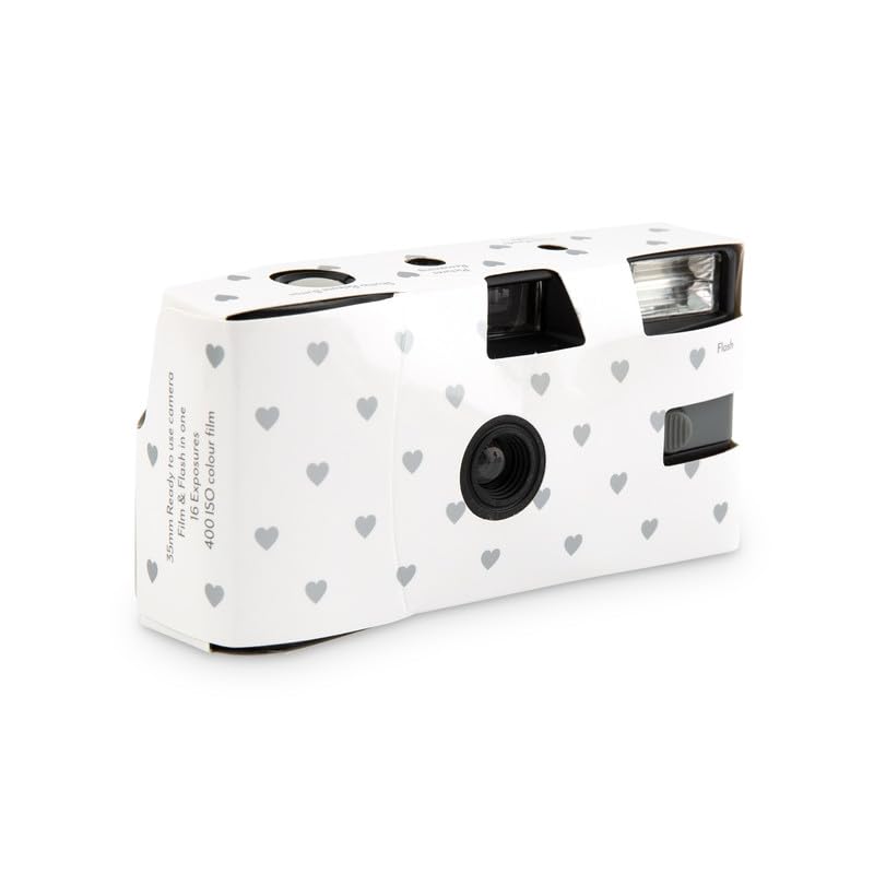 Weddingstar disposable camera with built-in flash and silver hearts for night wedding memories.