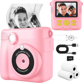 WEEFUN Kids Camera Instant Print front view in pink, easy for kids to shoot and instant print.