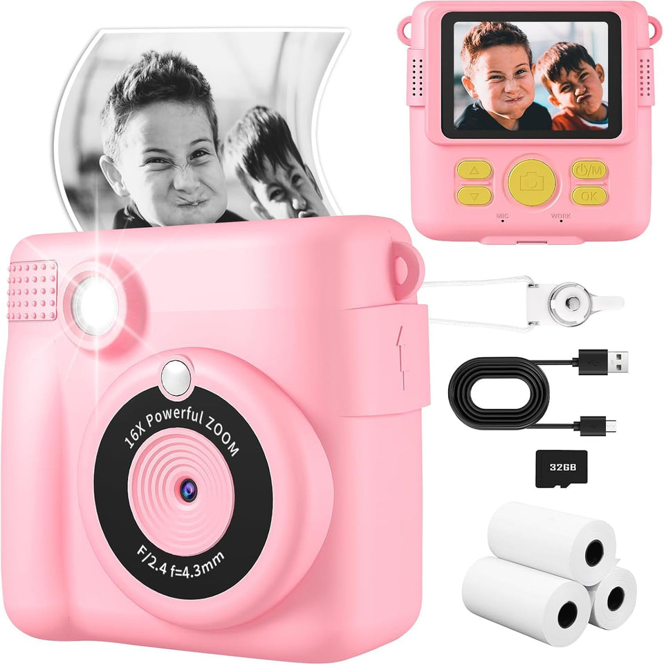 WEEFUN Kids Camera Instant Print front view in pink, easy for kids to shoot and instant print.