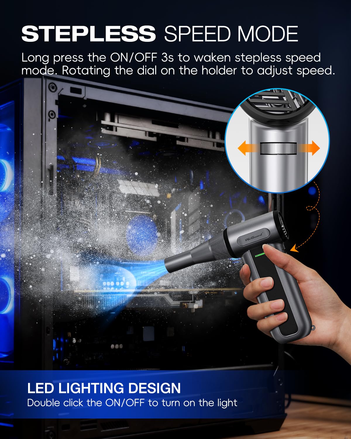 WeGuard blower LED light illuminating PC corner to reveal hidden dust