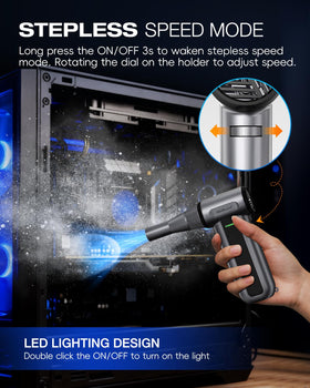 WeGuard blower LED light illuminating PC corner to reveal hidden dust