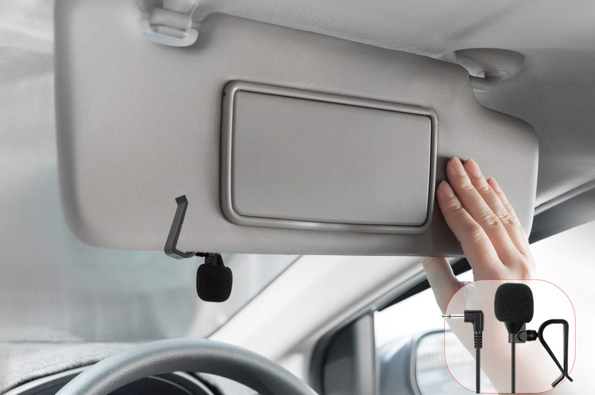 weishan mic clipped to car visor demonstrating easy hands-free setup