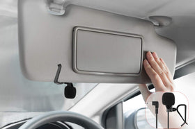 weishan mic clipped to car visor demonstrating easy hands-free setup