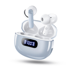 Wekily S50 earbuds with LED power display showing battery levels for easy charging