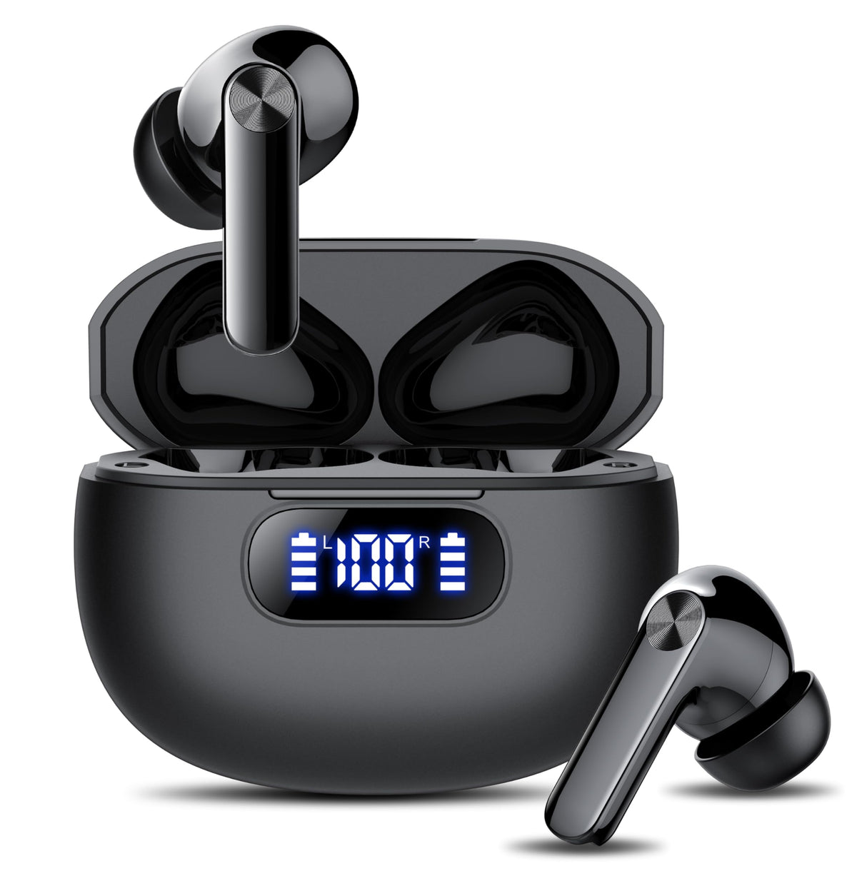 Wekily wireless earbuds with LED power display showing battery status during workouts.