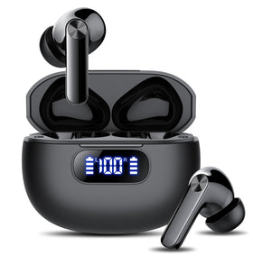 Wekily wireless earbuds with LED power display showing battery status during workouts.