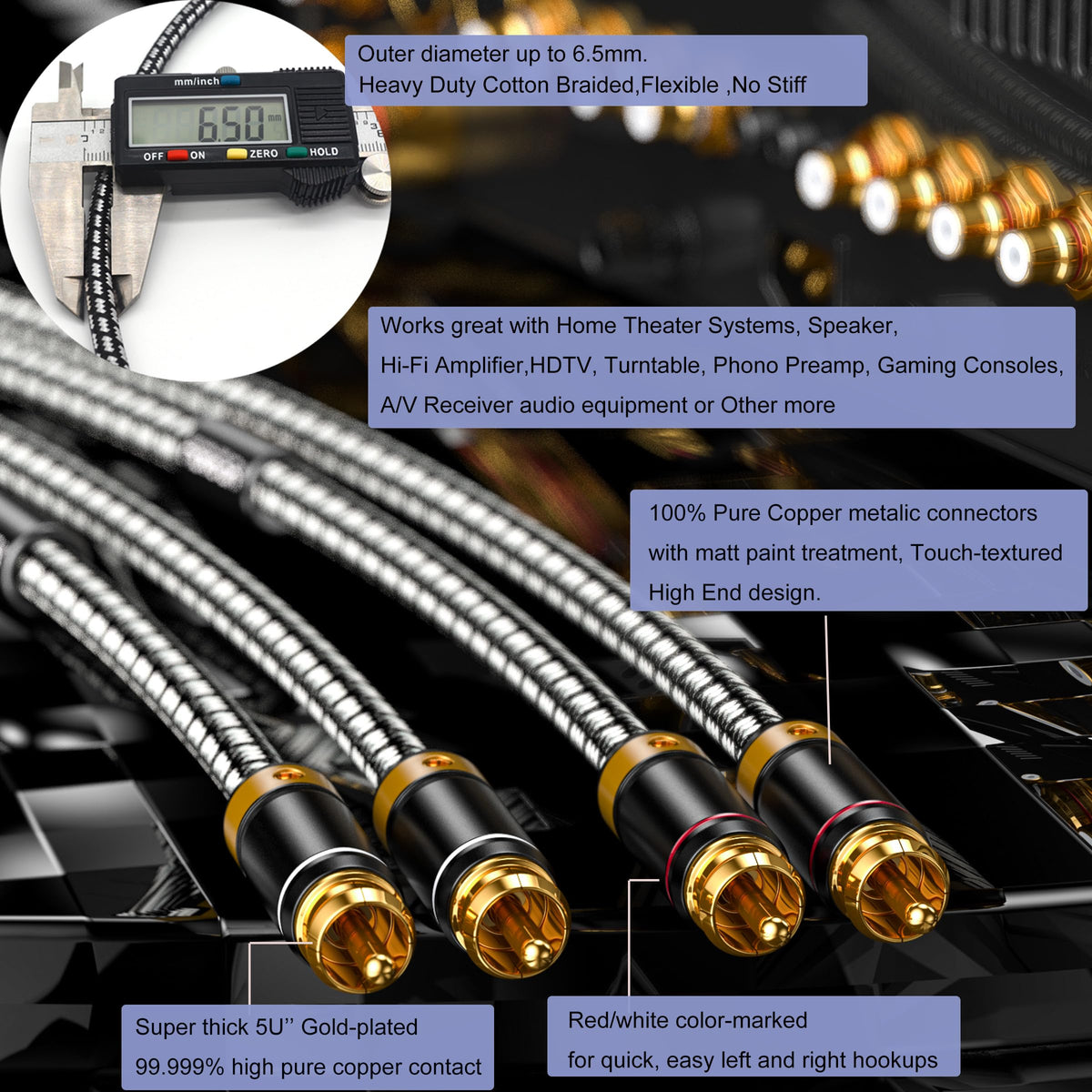 Wekuant audiophiles RCA cable gold-plated connectors extend durability and reduce contact noise