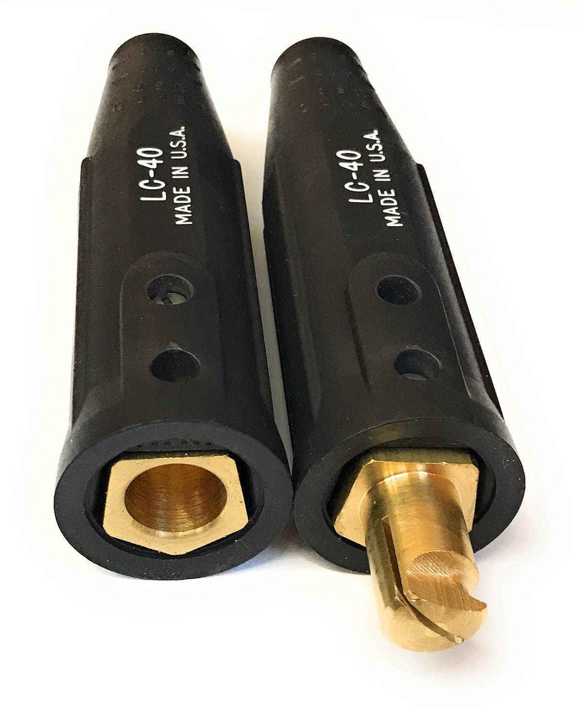 Weldmark LC40 male connector ensuring a secure welding cable connection during operation.