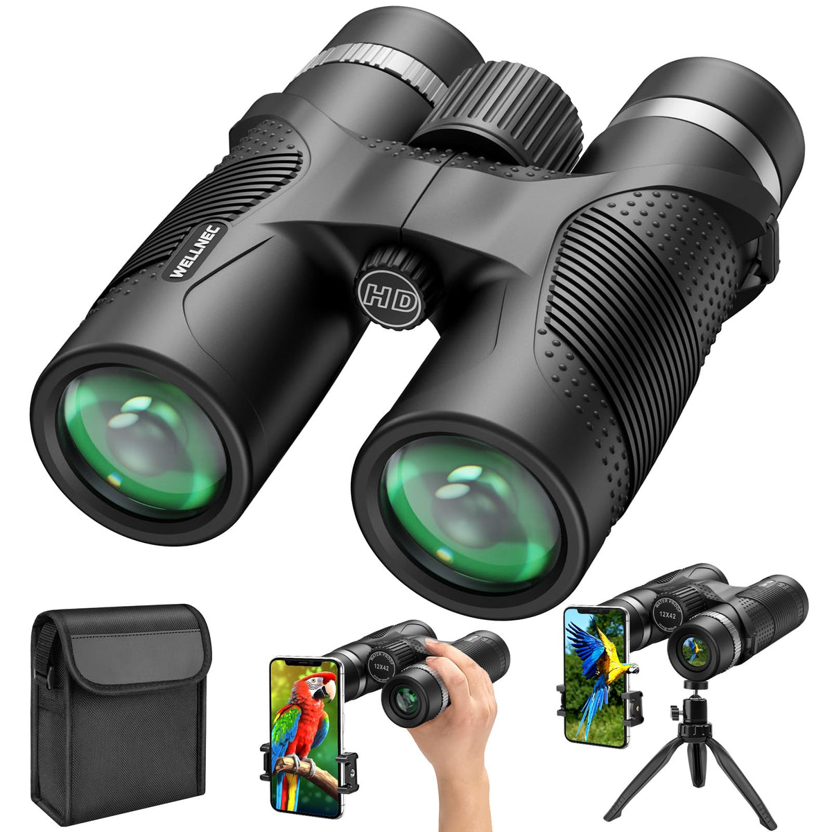 WELLNEC front view showing compact binoculars and clear optics, ideal for outdoor observation