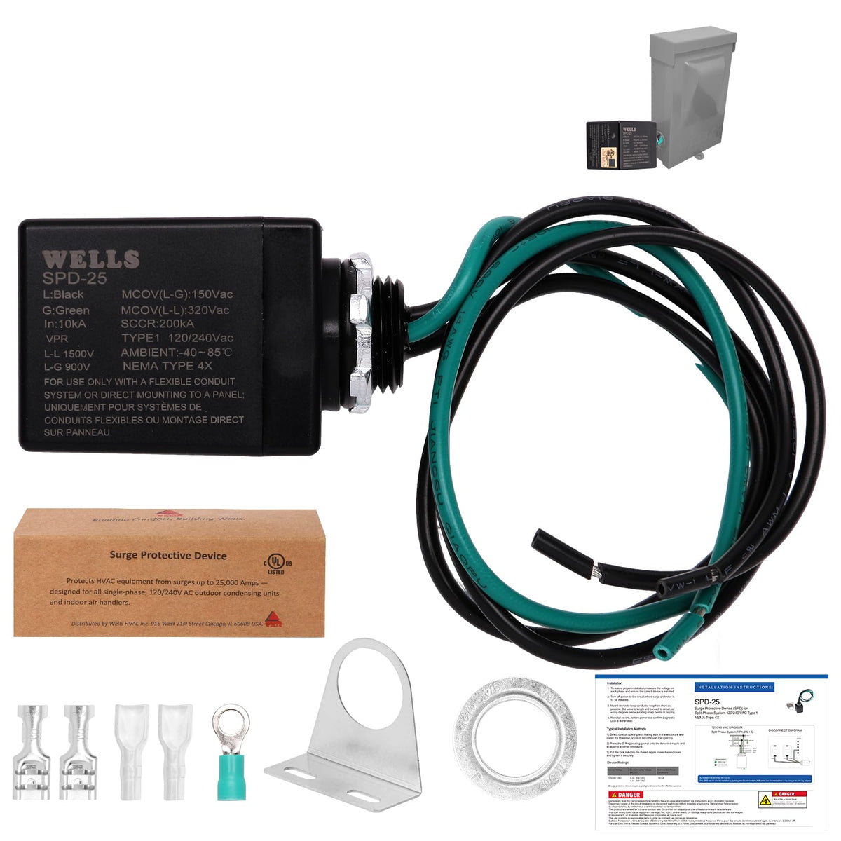 Wells front-mounted surge protector showing enclosure and mounting, protects outdoor HVAC