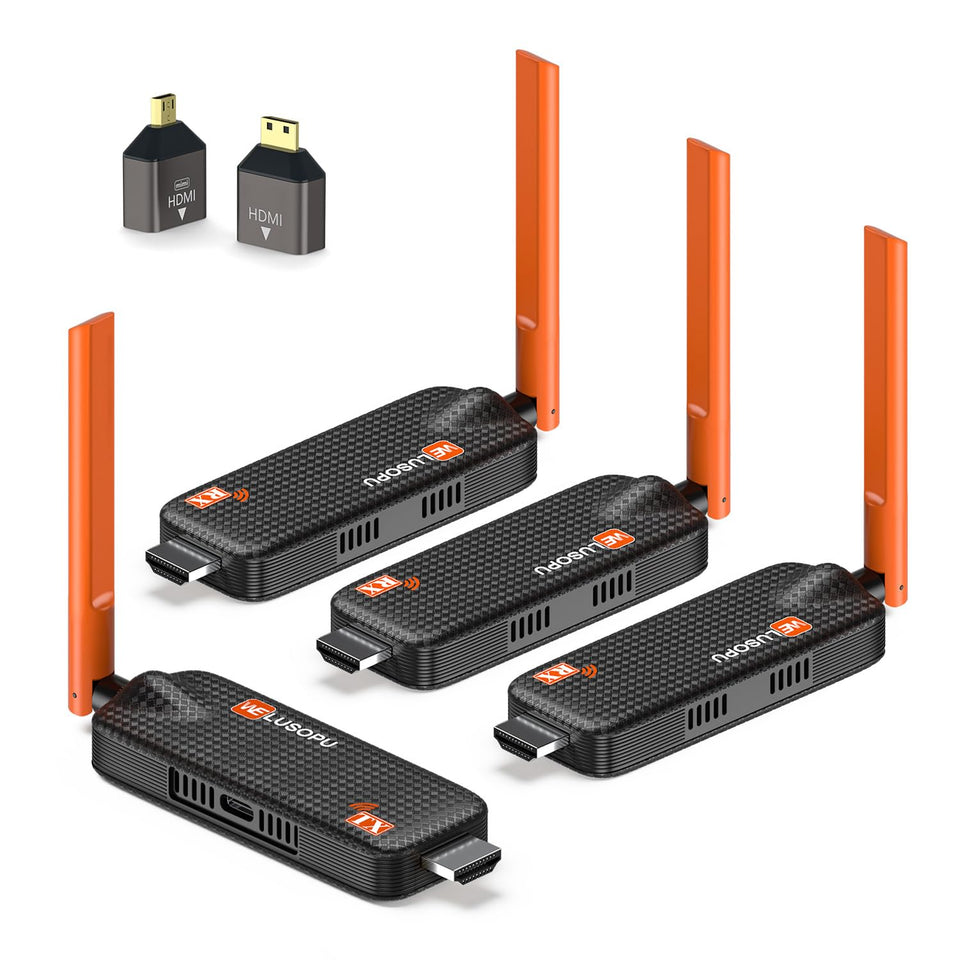 WELUSOPU wireless HDMI transmitter front view for quick plug-and-play setup.