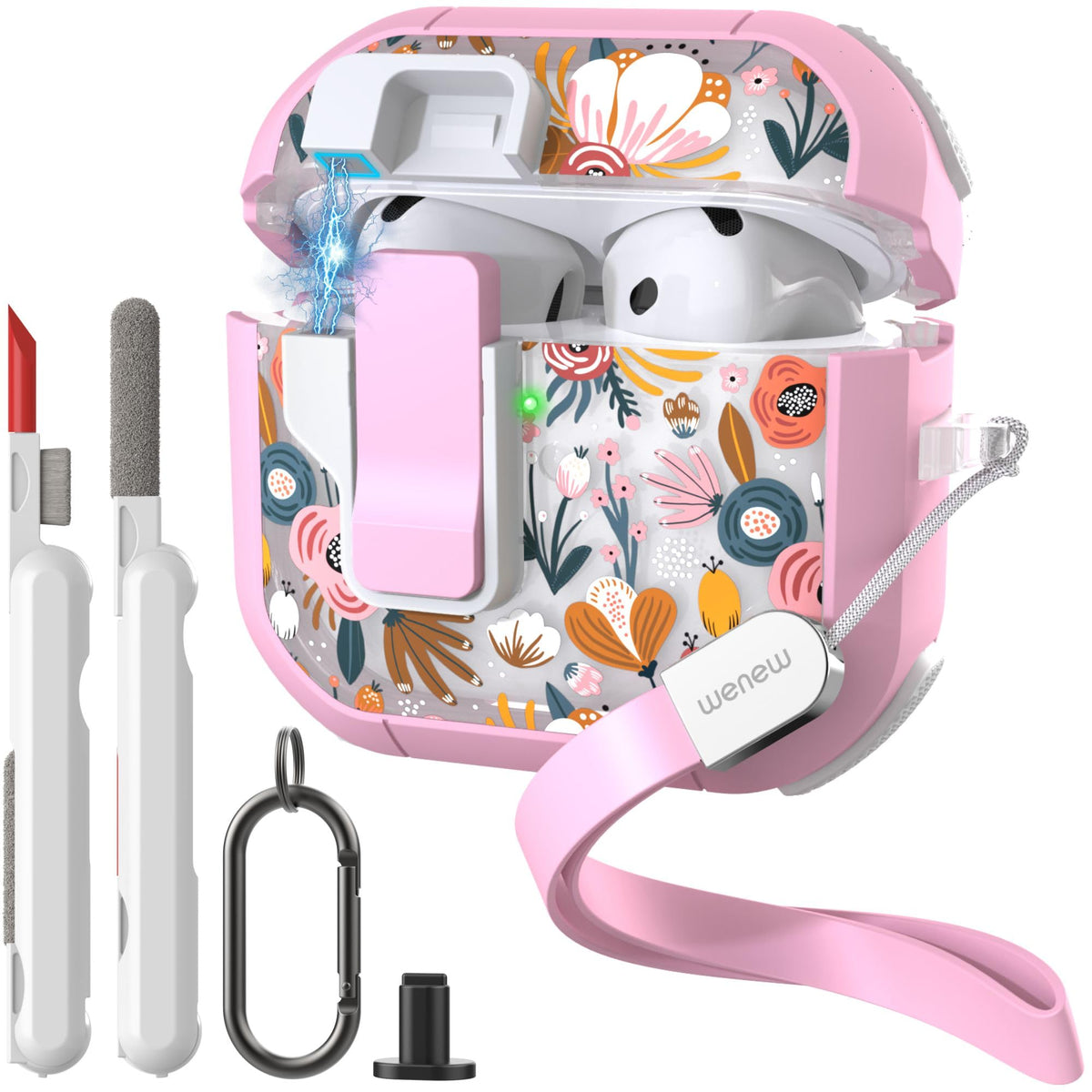 WENEW AirPods 4th case with pink flower pattern for stylish protection.
