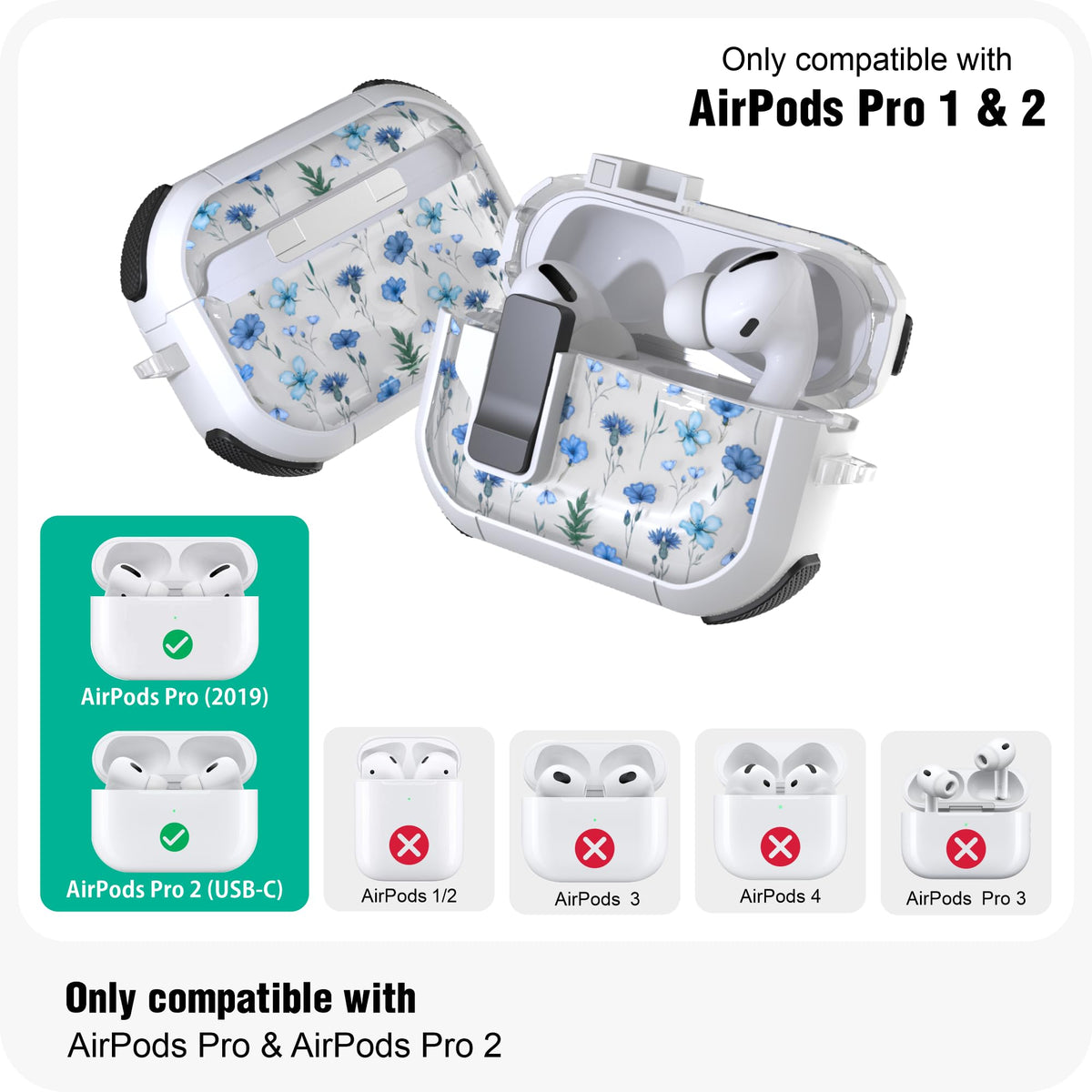 WENEW AirPods Pro 2 blue flower case side view with UV protection