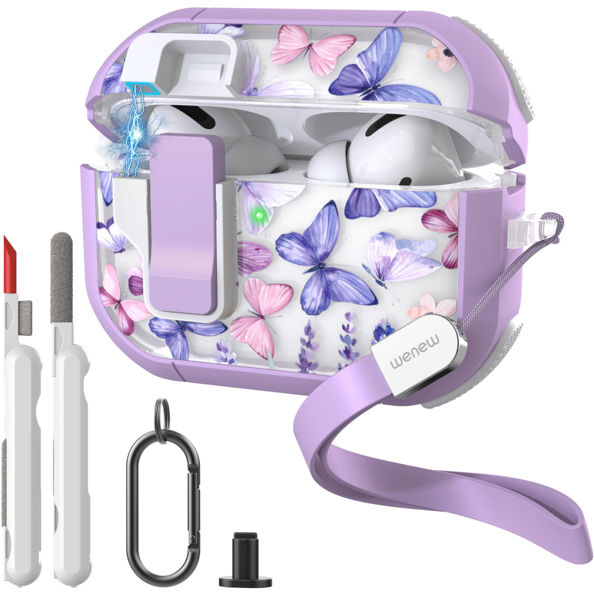 WENEW AirPods Pro 2 purple butterfly front view with UV-coated pattern for durable color.