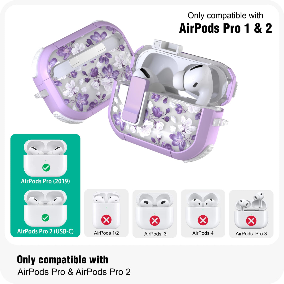 Wenew AirPods Pro 2 case purple flower back view shows pattern.