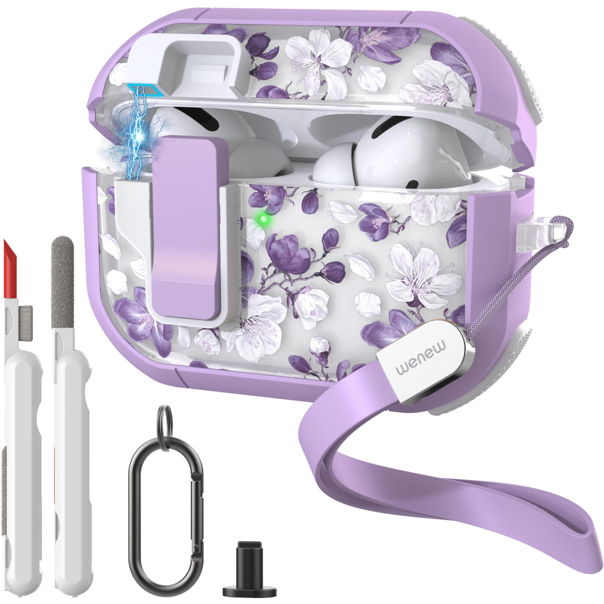 Wenew AirPods Pro 2 case purple flower front view with UV protection.