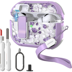 Wenew AirPods Pro 2 case purple flower front view with UV protection.