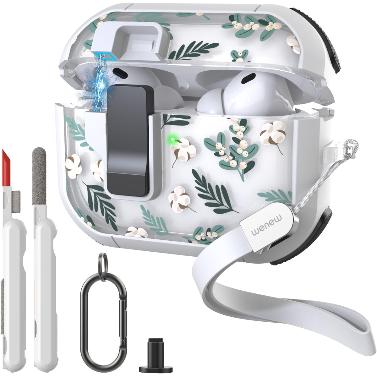 WENEW AirPods Pro 3 case with front LED visible and green leaves pattern for quick status