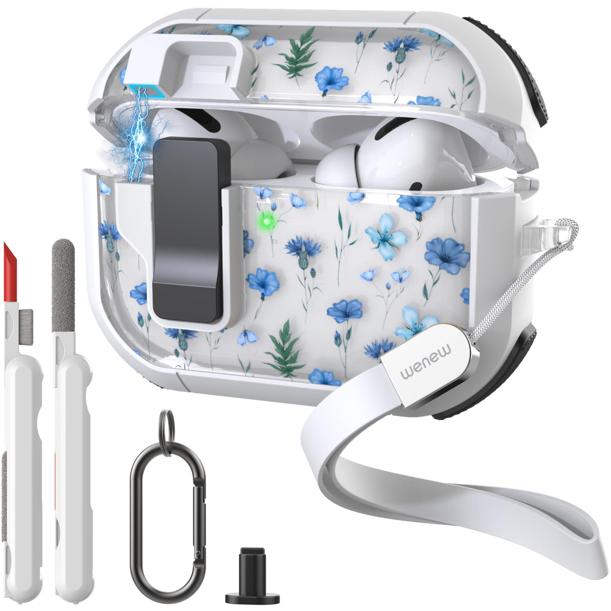 WENEW AirPods Pro blue flower case front view with secure magnetic lock