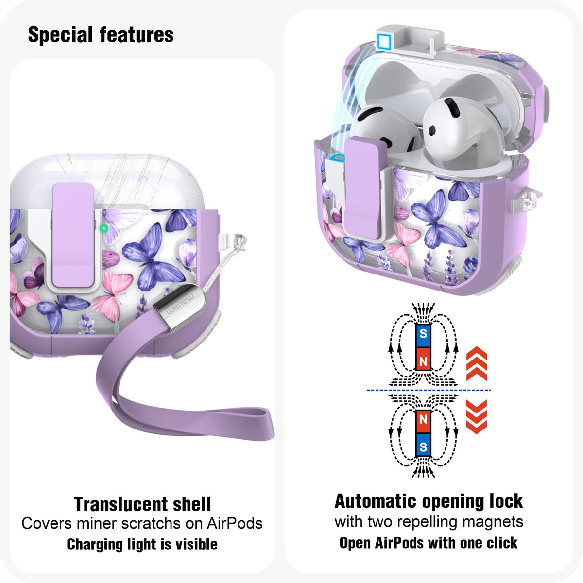 WENEW AirPods 4th case translucent body hides minor scratches while showing pattern.
