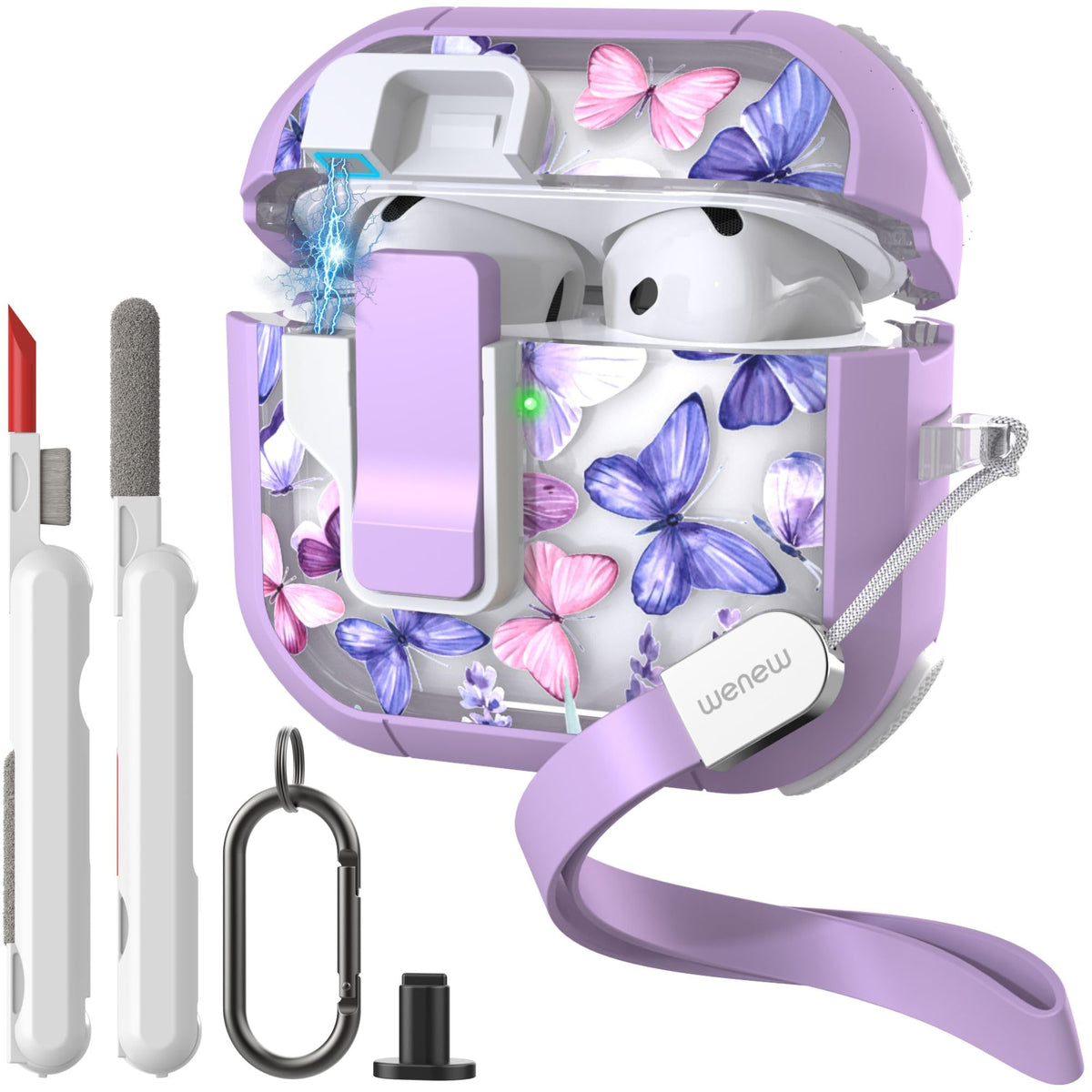 WENEW AirPods 4th case front view with purple butterfly—magnetic lock for easy access.