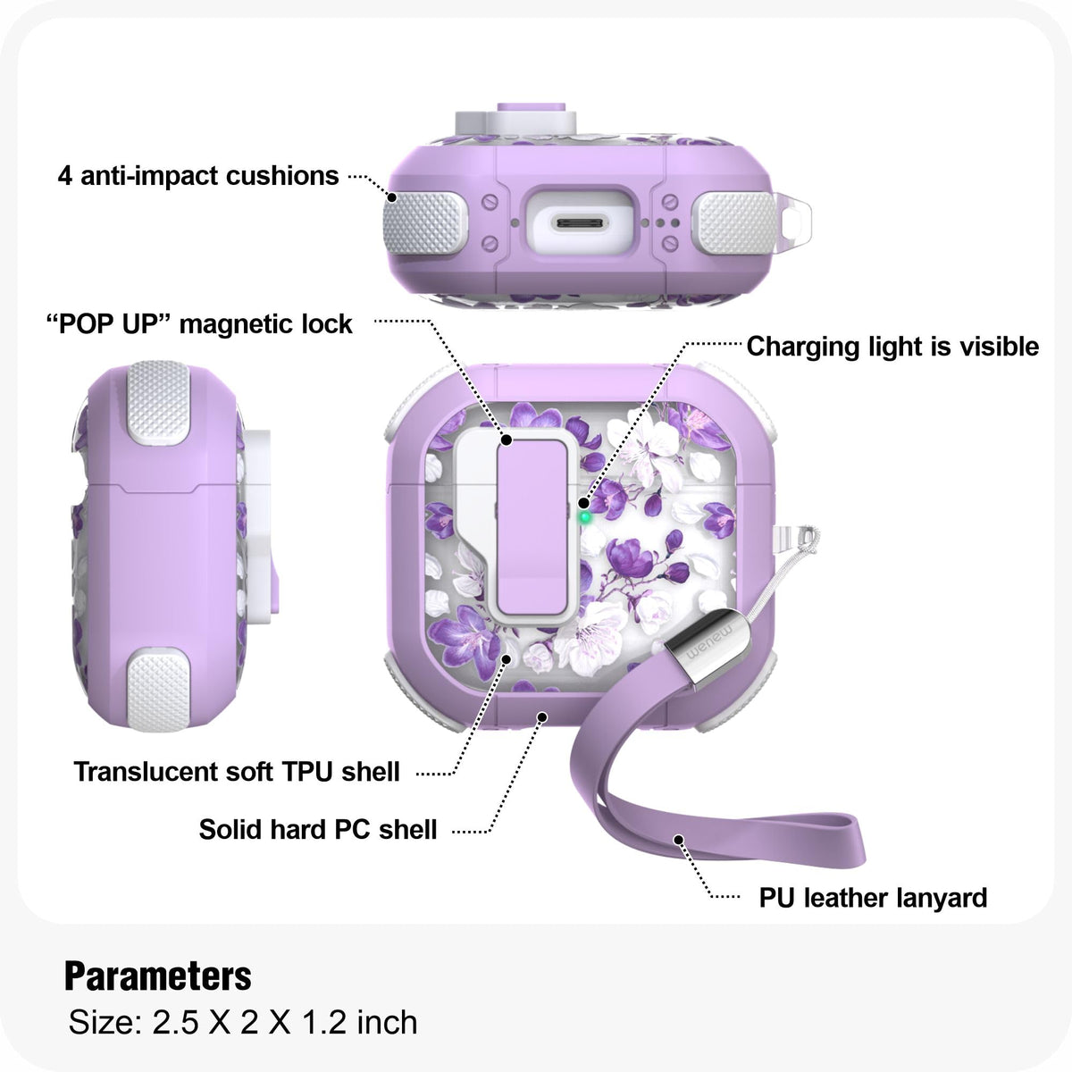 WENEW purple flower case with lanyard and carabiner for portability.