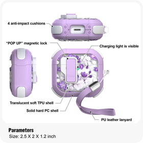 WENEW purple flower case with lanyard and carabiner for portability.