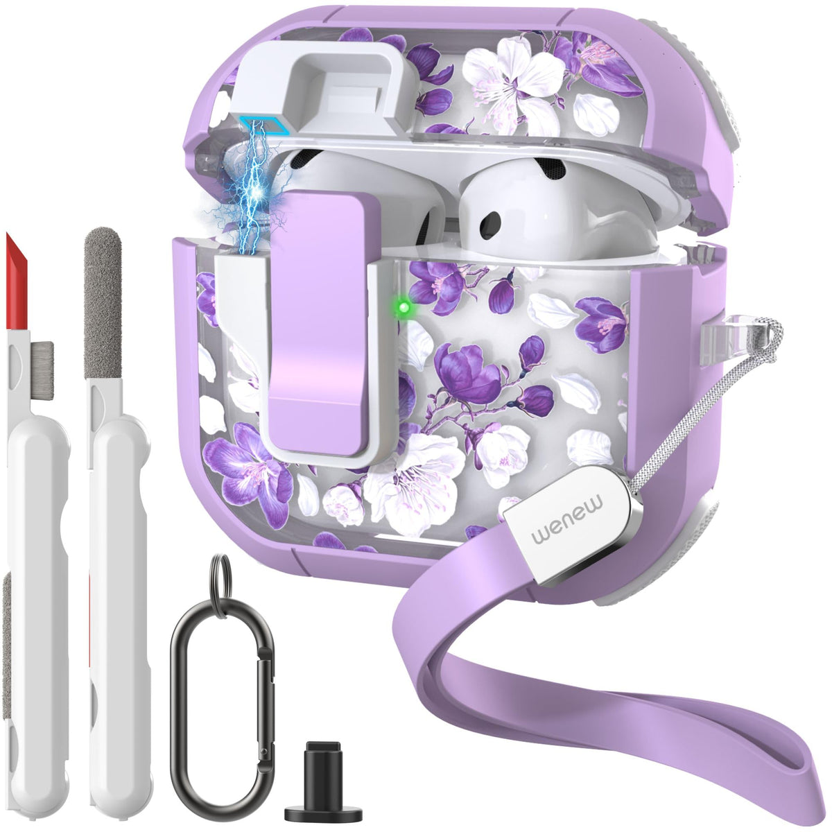 WENEW AirPods 4th purple flower case, front view, stylish protection for earbuds.