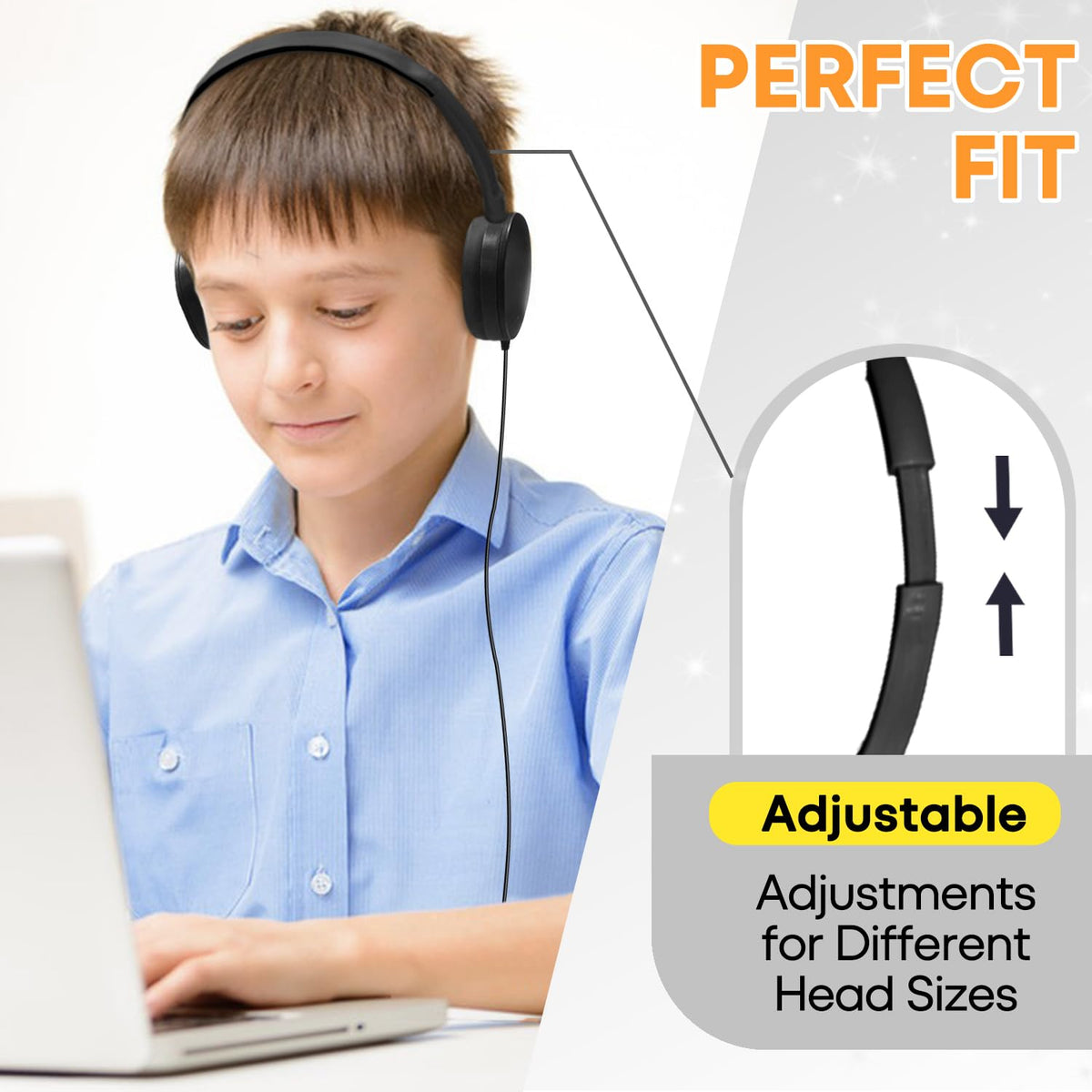 Wensdo adjustable headband detail demonstrating secure fit for students