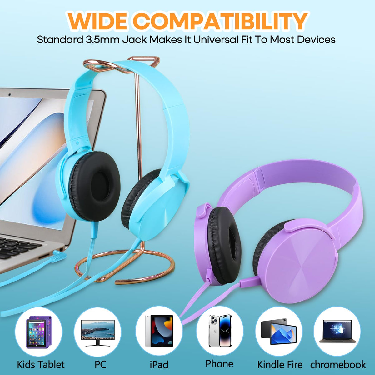 Bright, colorful Wensdo headphones ideal for student identification.
