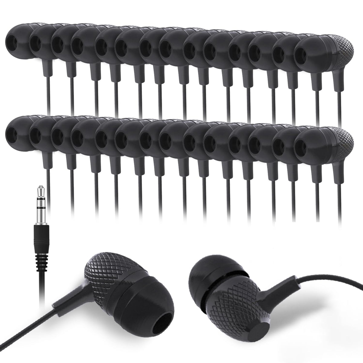 Wensdo bulk 100 pack earbuds in packaging, ideal for classrooms and group sharing.