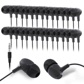 Wensdo bulk 100 pack earbuds in packaging, ideal for classrooms and group sharing.
