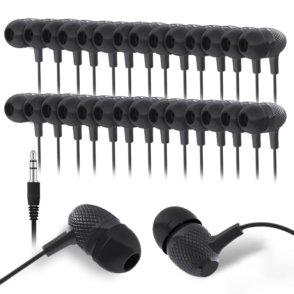 Wensdo bulk 100 pack earbuds in packaging, ideal for classrooms and group sharing.