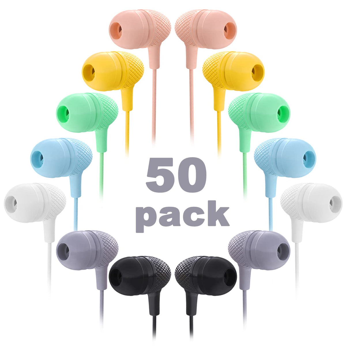 Wensdo bulk earbuds with 50-pack packaging for easy classroom distribution.
