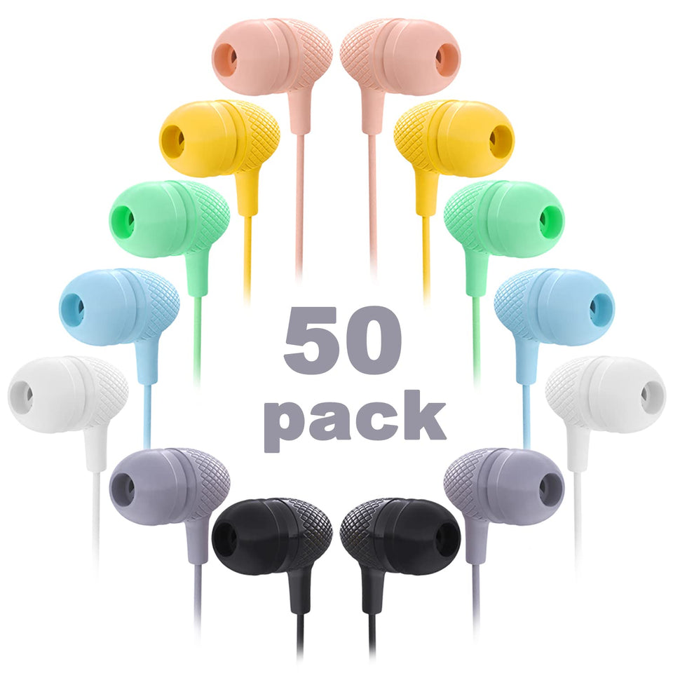 Wensdo bulk earbuds with 50-pack packaging for easy classroom distribution.