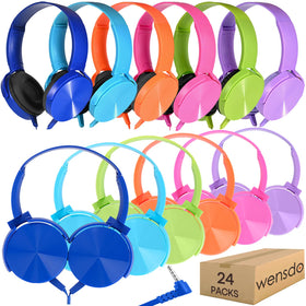 Wensdo classroom headphones 24-pack in mixed colors for student use.