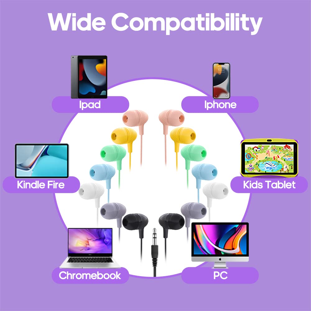 Wensdo colorful earbuds ideal for classrooms and group learning.