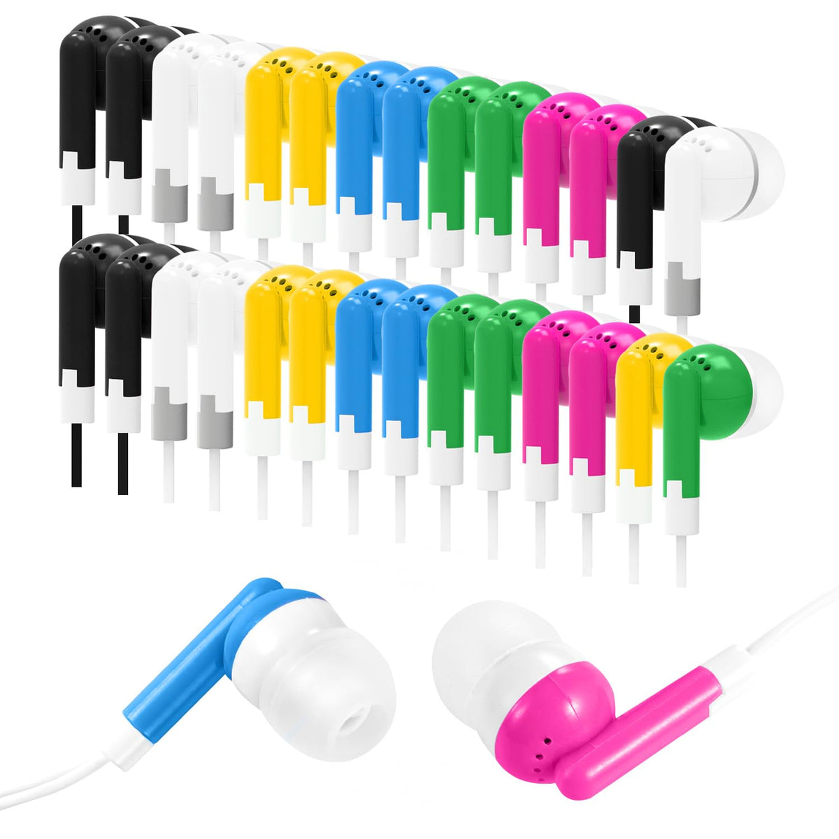 Wensdo front packaging showing 30 colorful earbuds, ideal for classroom distribution