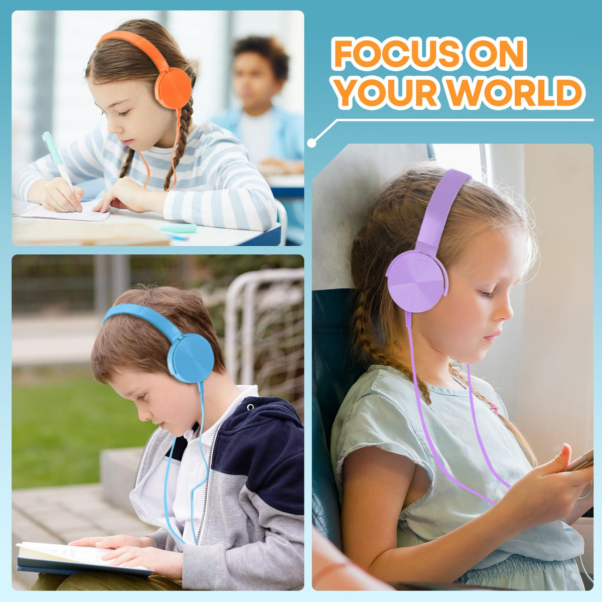 Headphones compatible with tablets, laptops, and smartphones via 3.5mm.