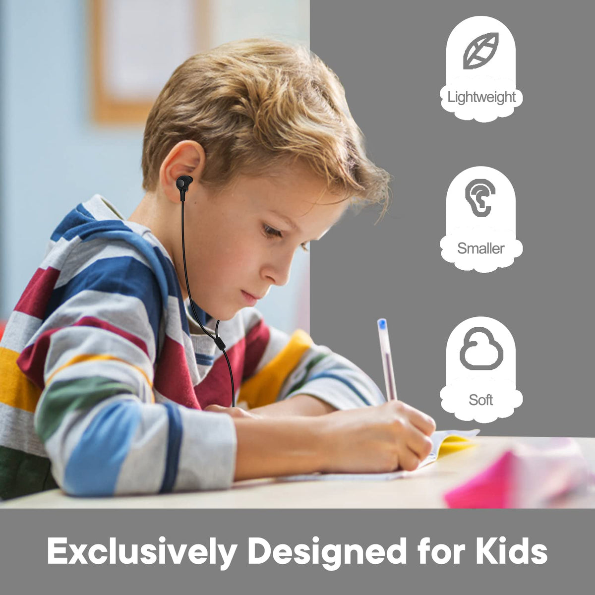 Wensdo earbuds on study desk lifestyle scene showing classroom-ready convenience