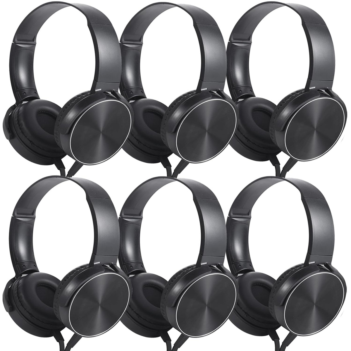 Wensdo HY450 front view showing six black headphones in packaging for easy classroom setup