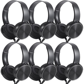 Wensdo HY450 front view showing six black headphones in packaging for easy classroom setup