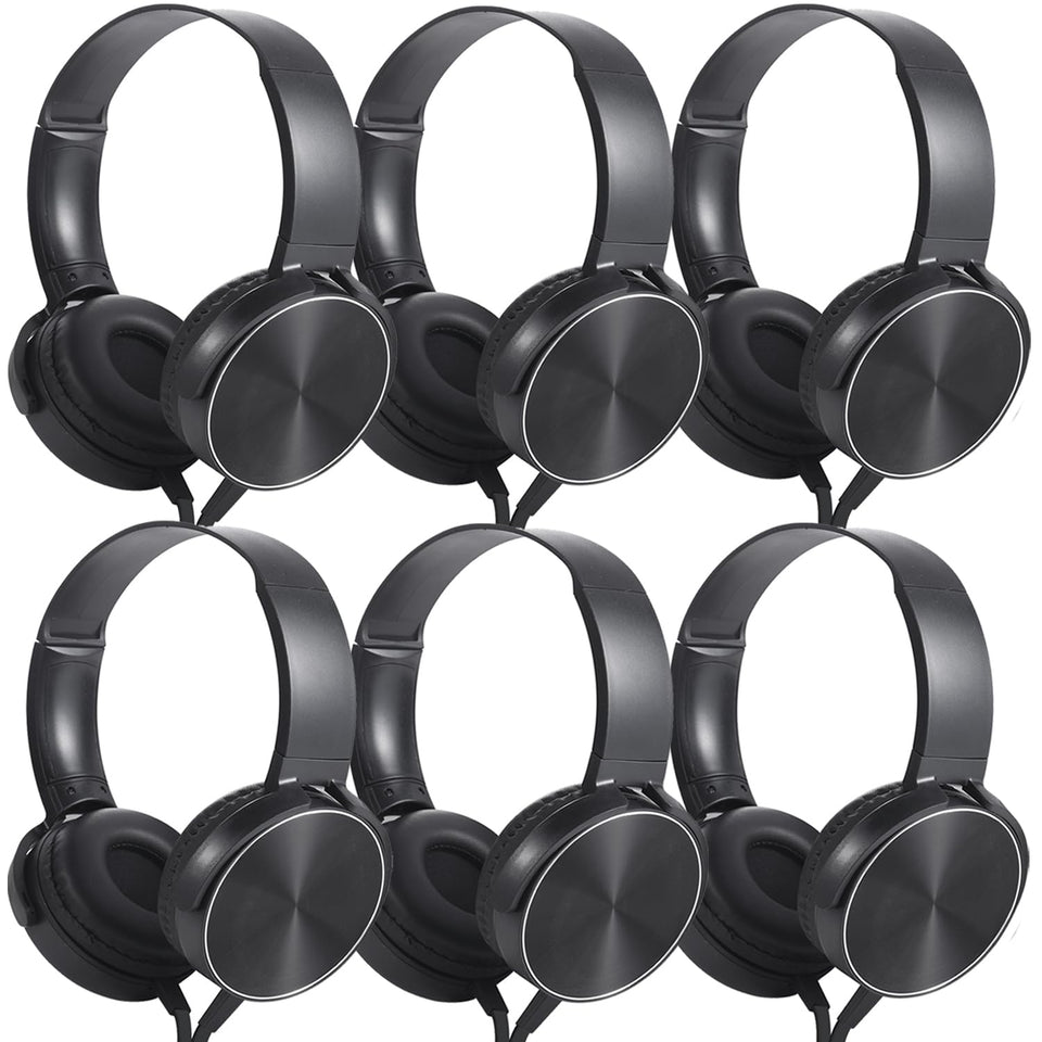 Wensdo HY450 front view showing six black headphones in packaging for easy classroom setup