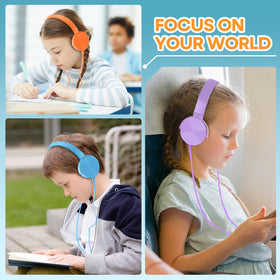 Group of mixed-color Wensdo HY450 headsets displayed to show variety and classroom-friendly organization