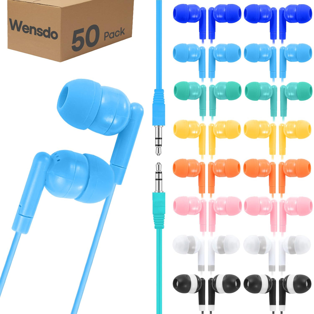 Wensdo kids earbuds 50-pack mixed colors for classroom sharing and easy pooling.